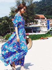 Pretty Floral V-neck V-back Maxi Dresses