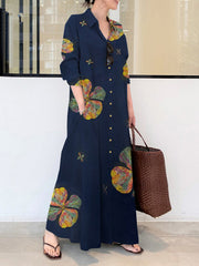 Printed lapel long-sleeved pocket simple loose literary leisure long shirt dress summer maxi dresses for women