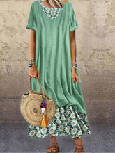 Falda larga de dos piezas con estampado de talla grande, manga corta, falsa, con paneles florales, corte A, vestidos maxi de verano para mujer, vestido hawaiano