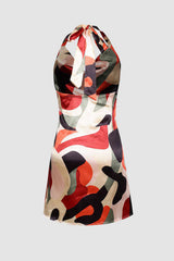 Abstract Print Halter Draped Mini Dress