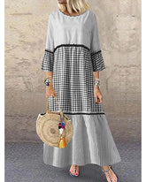 Vestido recto Maxi Vestido largo Manga larga Rayas Patchwork Verano Caliente Casual Algodón Negro Azul ML XL XXL 3XL 4XL 5XL