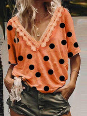 Polka dot lace patchwork v neck women fashion T-shirts