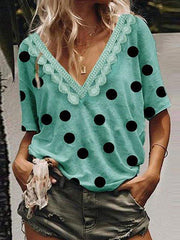 Polka dot lace patchwork v neck women fashion T-shirts