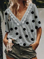 Polka dot lace patchwork v neck women fashion T-shirts