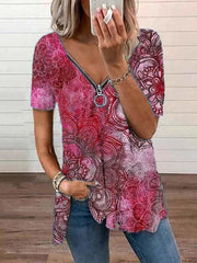 Camisas y tops casuales de cuello en V y manga corta con estampado