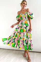 Darling Daylily Floral Print Off Shoulder Smocked Maxi Dress