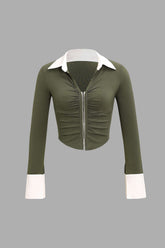 Contrast Collar Hook And Eye Long Sleeve Top