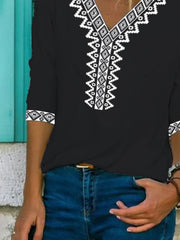 Paisley-Halbarm-Print-V-Ausschnitt aus Baumwollmischung im Vintage-Sommer-Look in Schwarz