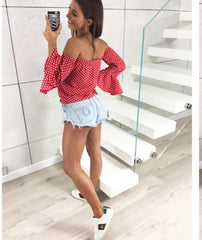 Schulterfreie Blusen mit Puffärmeln und Punktemuster