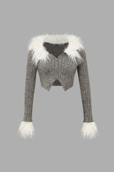 Feather Trim Zip Up Long Sleeve Top