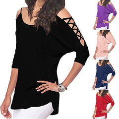 Offene Schulter Rundhalsausschnitt Aushöhlen Schlichte T-Shirts