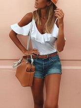 Offene Schulter Spaghettiträger Volant Schlichte T-Shirts