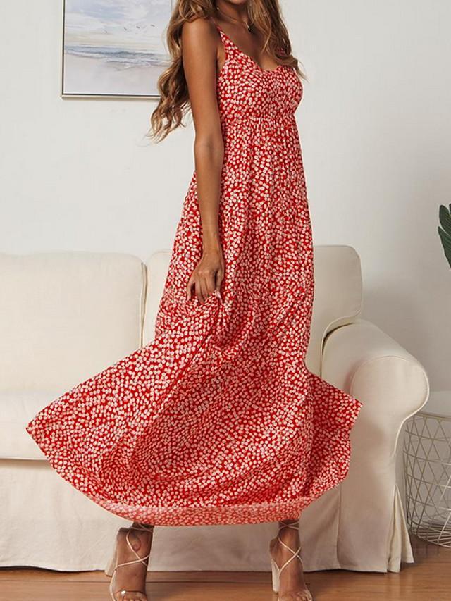 Strap Dress Maxi long Dress Sleeveless Print Hot Red Navy Blue S M L XL
