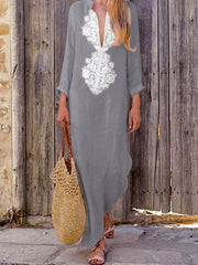 Vestido largo bohemio informal de lino y algodón de talla grande, manga larga, liso, holgado, cuello en V, para mujer