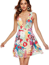 Vestidos skater sin mangas, cuello en V y espalda descubierta con estampado