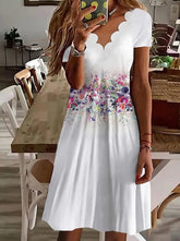 Vestidos rectos con cuello de pétalo y manga corta estampados elegantes para mujer