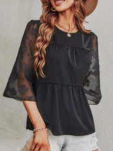 Camisetas de cuello redondo de gasa estampada de color sólido