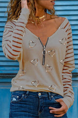 Camiseta de manga larga con cuello en V y cremallera en forma de corazón