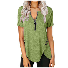 Camiseta informal de manga corta con cuello en V y botones y cremallera para mujer de talla grande