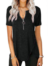 Camiseta informal de manga corta con cuello en V y botones y cremallera para mujer de talla grande