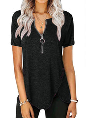 Camiseta informal de manga corta con cuello en V y botones y cremallera para mujer de talla grande