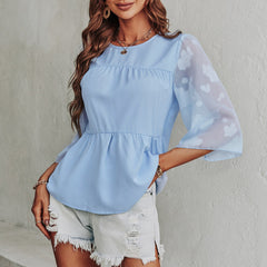 Camisetas de cuello redondo de gasa estampada de color sólido