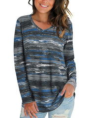 Printed V-Neck Long Sleeve Top T-Shirts