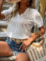 Blusas de manga corta con encaje y escote en V en color puro
