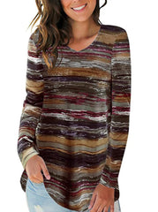 Printed V-Neck Long Sleeve Top T-Shirts