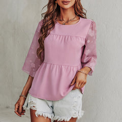 Camisetas de cuello redondo de gasa estampada de color sólido