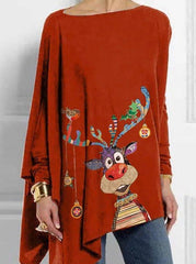 Camisetas casuales de mujer con cuello redondo, holgadas y estampado navideño de manga larga