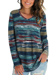 Printed V-Neck Long Sleeve Top T-Shirts