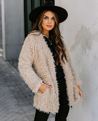 Plain elegant hairy collarless coats