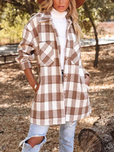 Plaid Grid Long Jacket Turn down neck pockets long blouses