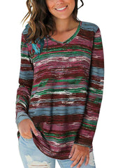 Printed V-Neck Long Sleeve Top T-Shirts