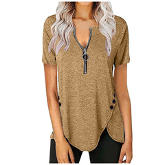 Camiseta informal de manga corta con cuello en V y botones y cremallera para mujer de talla grande