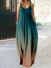 Vestido informal de talla grande para vacaciones, con cambio gradual, bolsillo en contraste, cuello en V, estampado