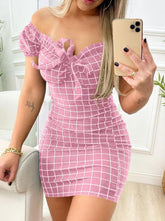 Kariert bedruckte schulterfreie, sexy Bodycon-Kleider für Damen