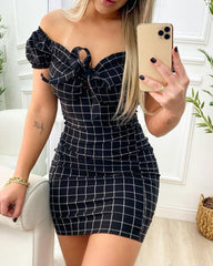 Kariert bedruckte schulterfreie, sexy Bodycon-Kleider für Damen