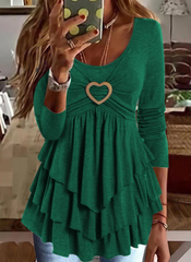 Plain Ruffle Crew Neck Heart Ring Layered Long Sleeves Tee Top T-shirts