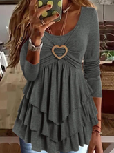 Plain Ruffle Crew Neck Heart Ring Layered Long Sleeves Tee Top T-shirts