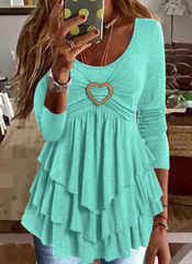 Plain Ruffle Crew Neck Heart Ring Layered Long Sleeves Tee Top T-shirts