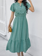 Vestido largo con estampado de lunares, cuello alto, volantes, manga corta y dobladillo con paneles para mujer
