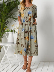 Vestido largo holgado de lino y algodón con cuello redondo y manga corta, estampado, de gran tamaño