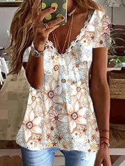 Camiseta de manga corta con cuello en V y estampado de colores brillantes para mujer