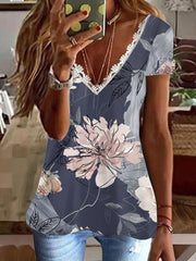 Camiseta de manga corta con cuello en V y estampado de colores brillantes para mujer