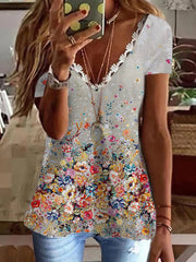 Camiseta de manga corta con cuello en V y estampado de colores brillantes para mujer