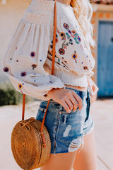 Countryside Lantern Sleeve Flower Embroidery Blouse