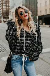 Ribbed Black Print Drawstring Top