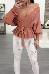 Suéter de cuello en V con perla de corazón de océano